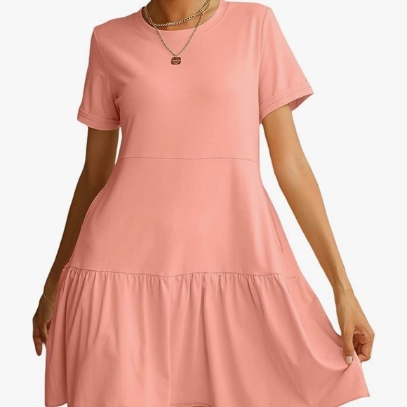 Casual Short Sleeve Crewneck Swing Flowy Tiered Dress with Pockets - Picture 2 of 10